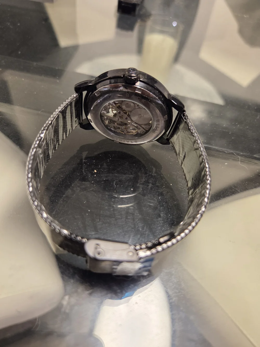 Black Skeleton Mechanical Men's Watch with Mesh Strap